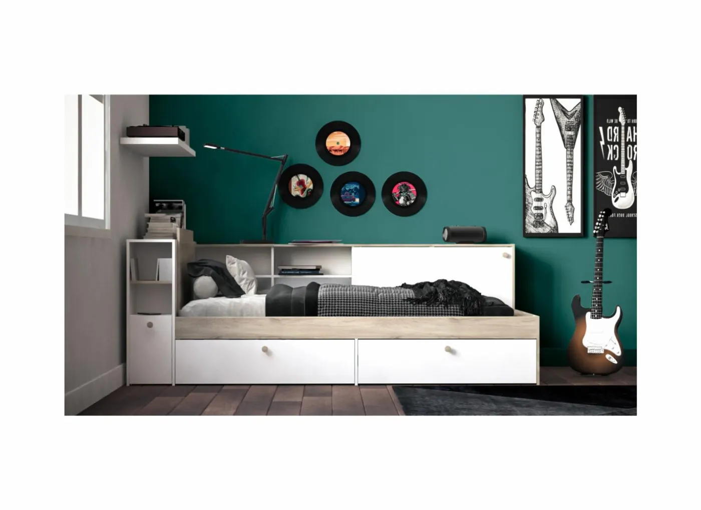 Bed Life 90x190/200cm - decor - kronberg eik & wit met opbergruimte