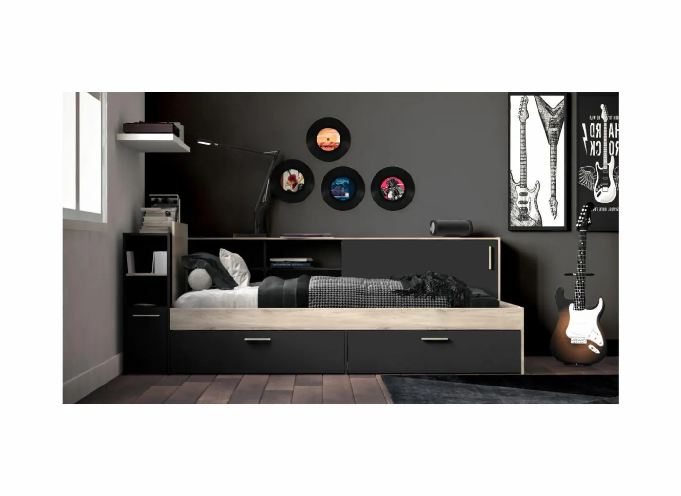Bed Life 90x190/200cm - decor - kronberg eik & zwart met opbergruimte