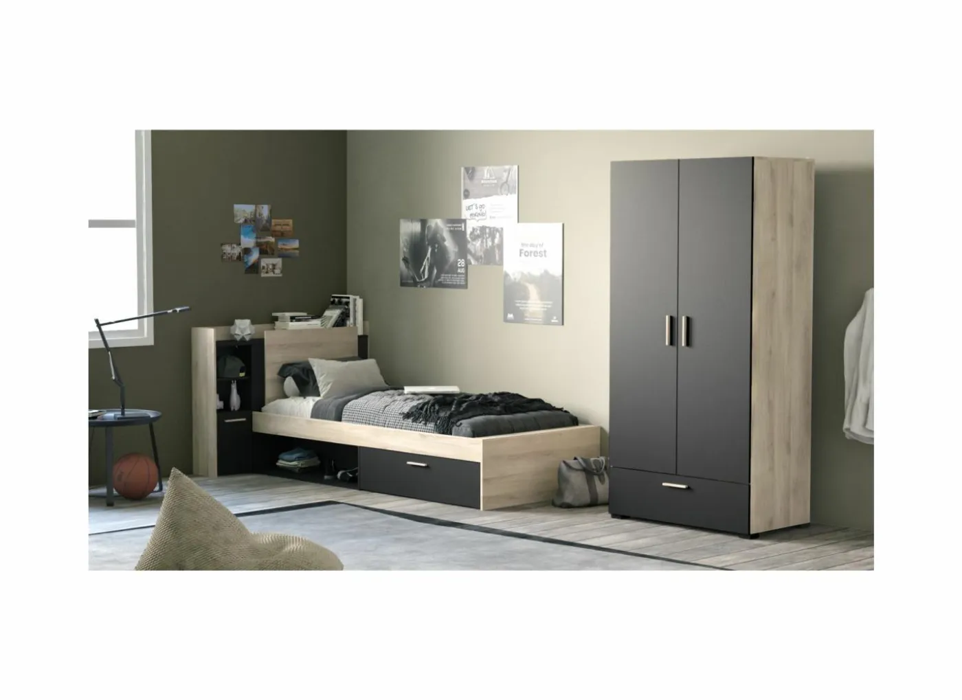 Bed Life 90x190/200cm - decor - kronberg eik & zwart met opbergruimte