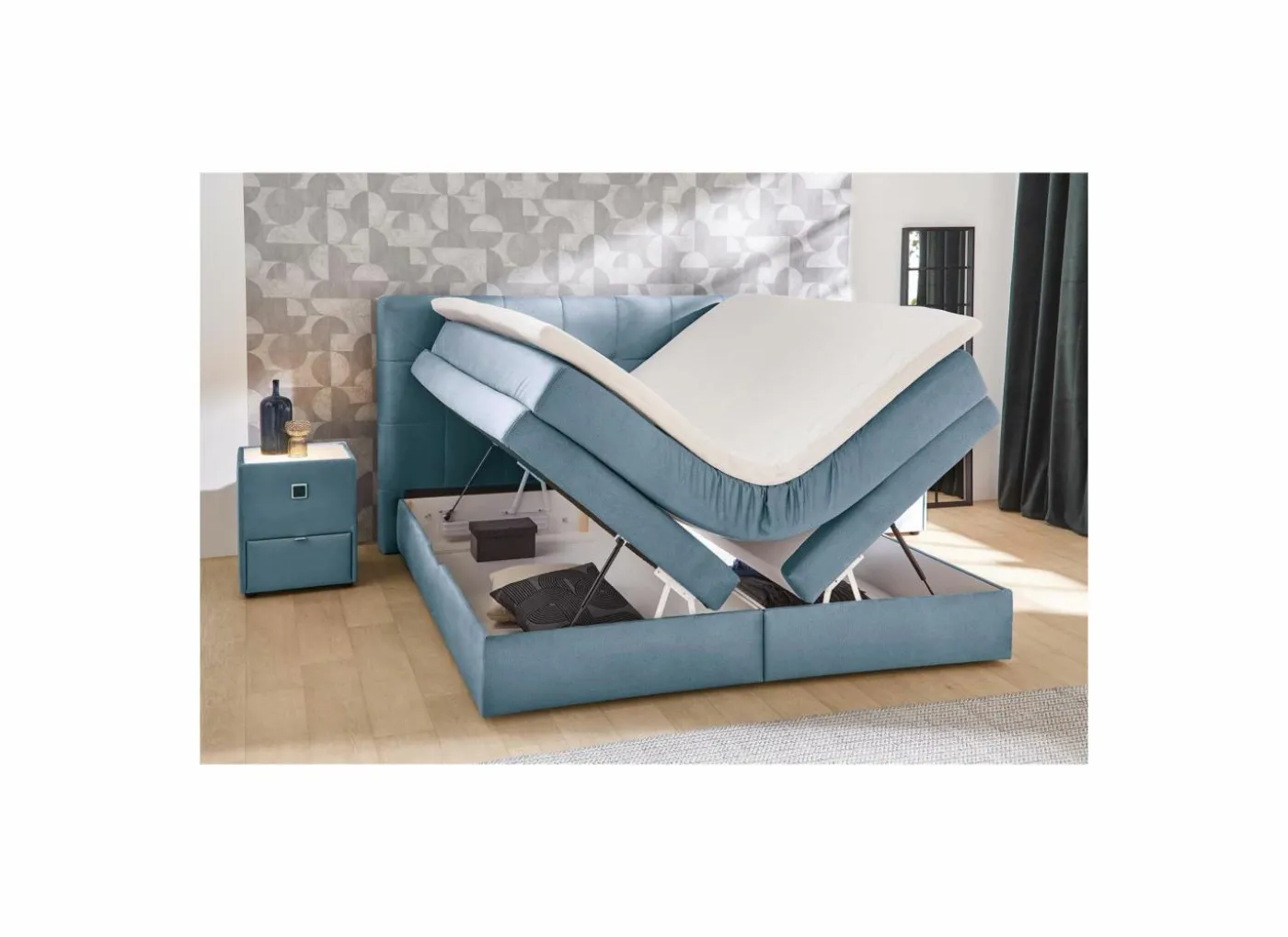 Boxspring Amy 180x200cm - stof - blauw met opbergruimte