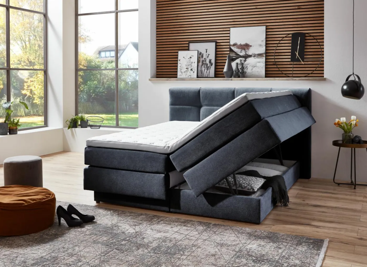 Boxspring BX2110 Portage 180x200cm - stof - grijs blauw met opbergruimte