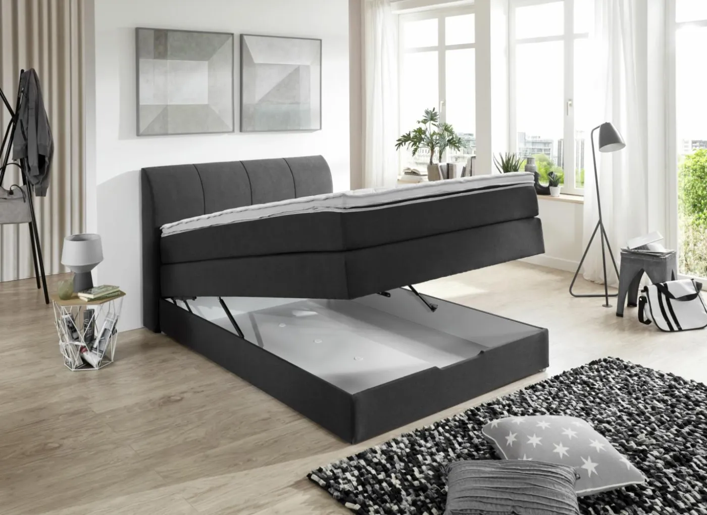 Boxspring BX1440 120x200cm - stof - antraciet met opbergruimte
