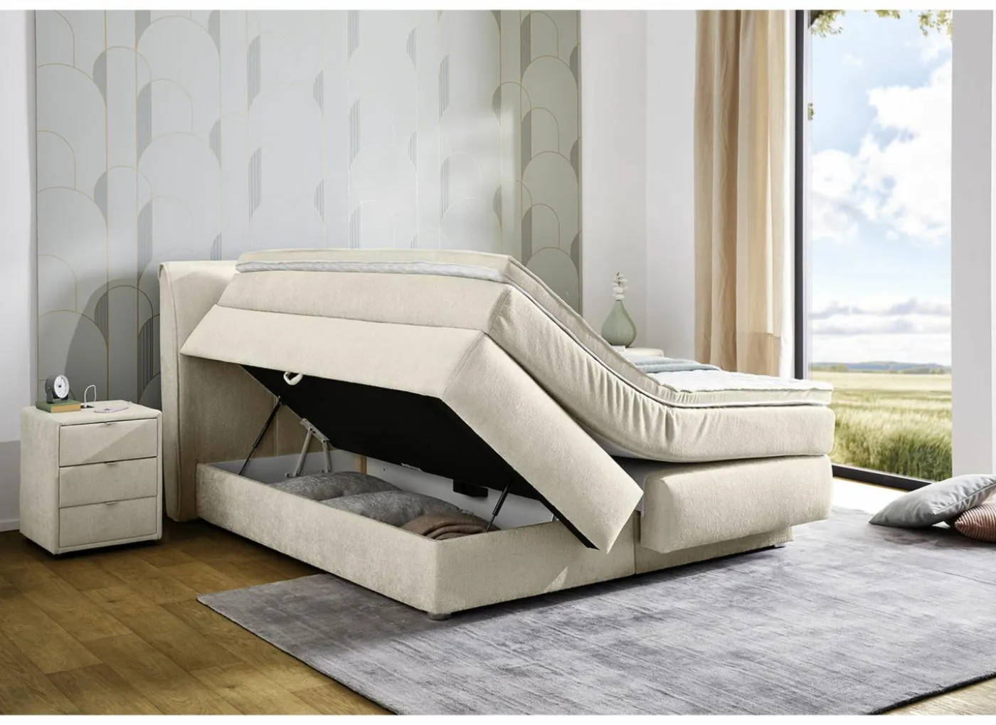Boxspring Caren Normal 160x200cm - stof - ecru met opbergruimte