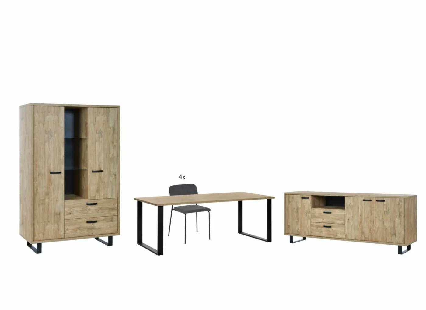 Eetkamer Como 1 met 4 stoelen Epoca antraciet - tafel 170x95cm - dressoir 220cm - kast 120cm
