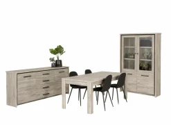 Eetkamer Elias met 4 stoelen Chuck - tafel 190x90cm - dressoir 201cm - vitrinekast 115cm
