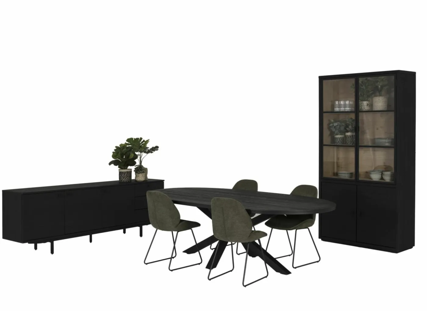 Eetkamer Mauri eik massief met 4 stoelen Patti - tafel 250x128cm - dressoir 240cm - vitrinekast 116,5cm