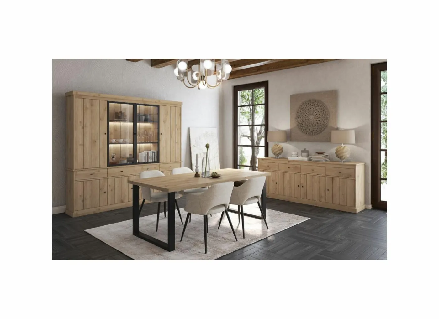 Eetkamer Valencia met 4 stoelen Walter - tafel 210x98cm - vitrinekast 240cm - dressoir 225cm