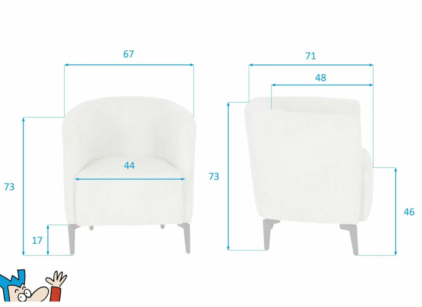 Fauteuil Capri 67x71x73cm - ribfluweel - ivoor