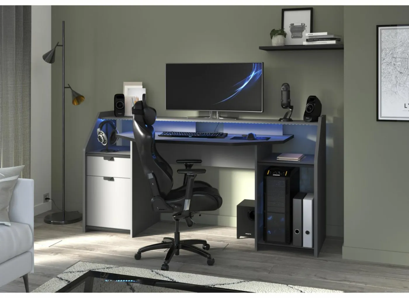 Gamingbureau Set Up 180x67cm - decor - zwart & grijs