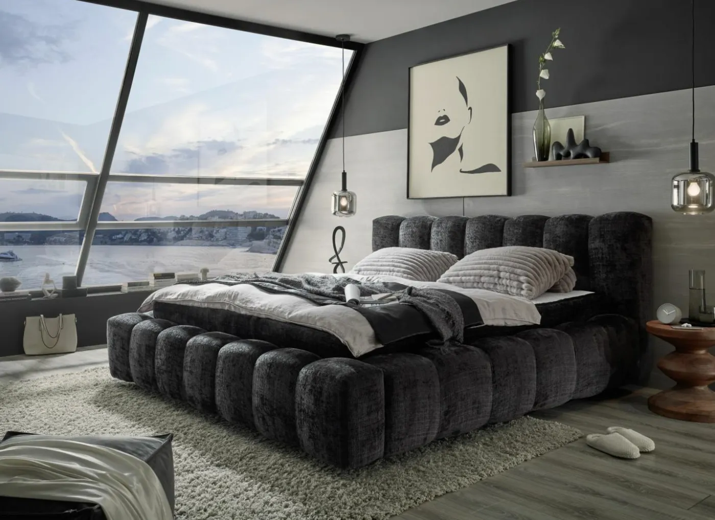 Gestoffeerd bed Bexley 180x200cm - stof - zwart inclusief bodem en matras