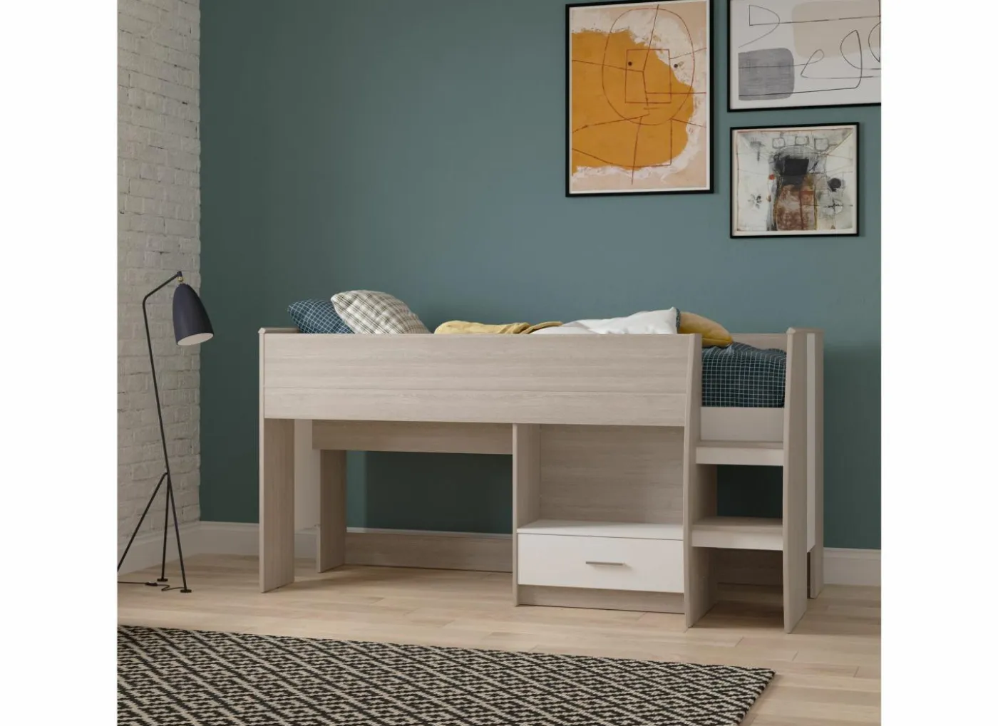 Halfhoogslaper inclusief bureau Nano 90x200cm - decor - shannon eik & wit