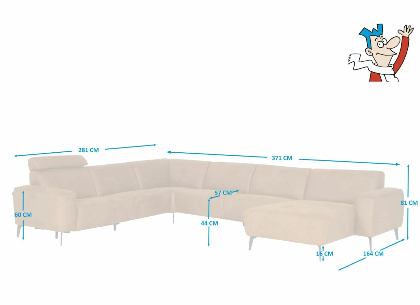 Hoeksalon 2290 371x281cm - stof - cognac met relax