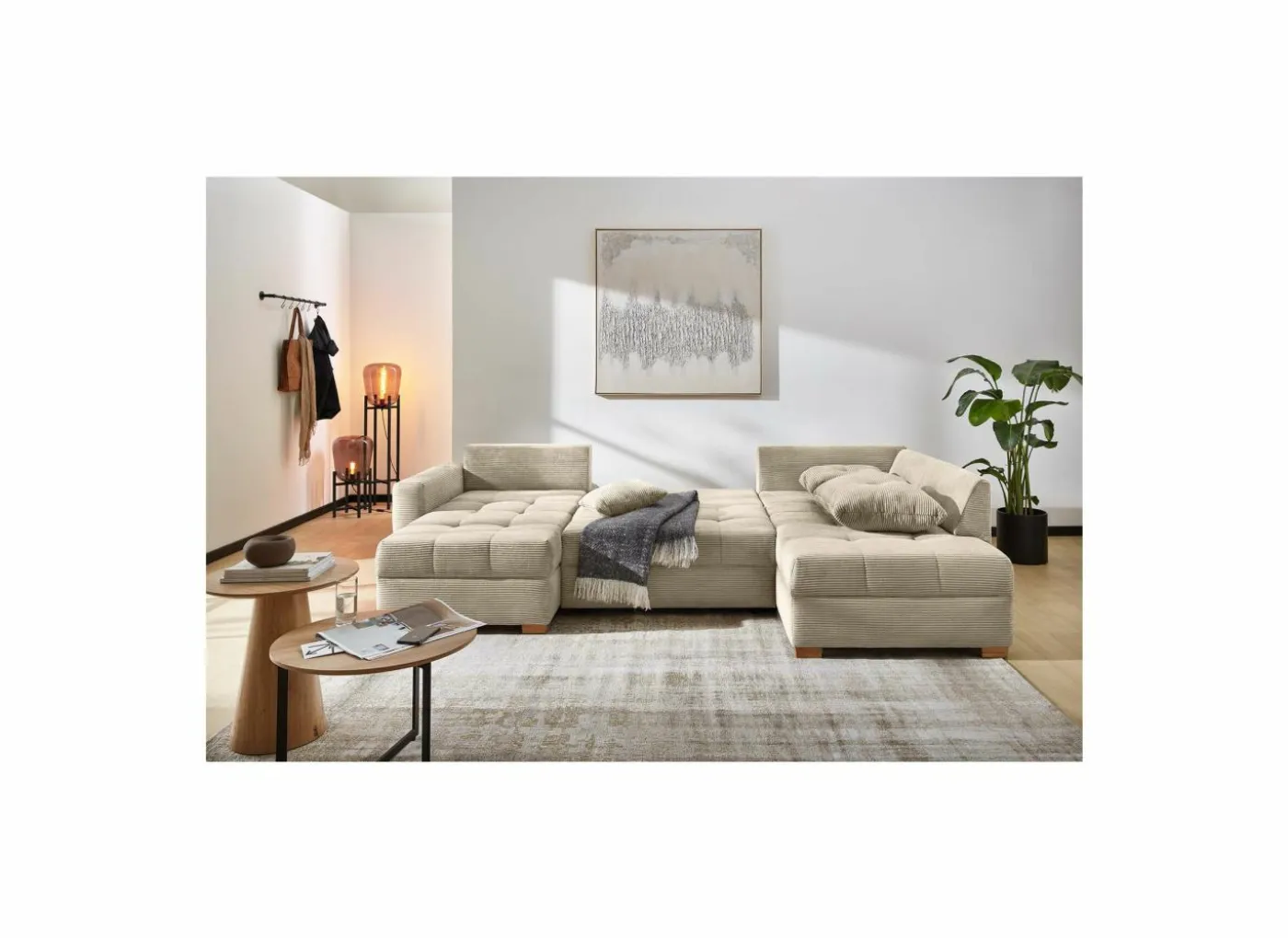 Hoeksalon Abby 311x170cm - stof - beige met bedfunctie
