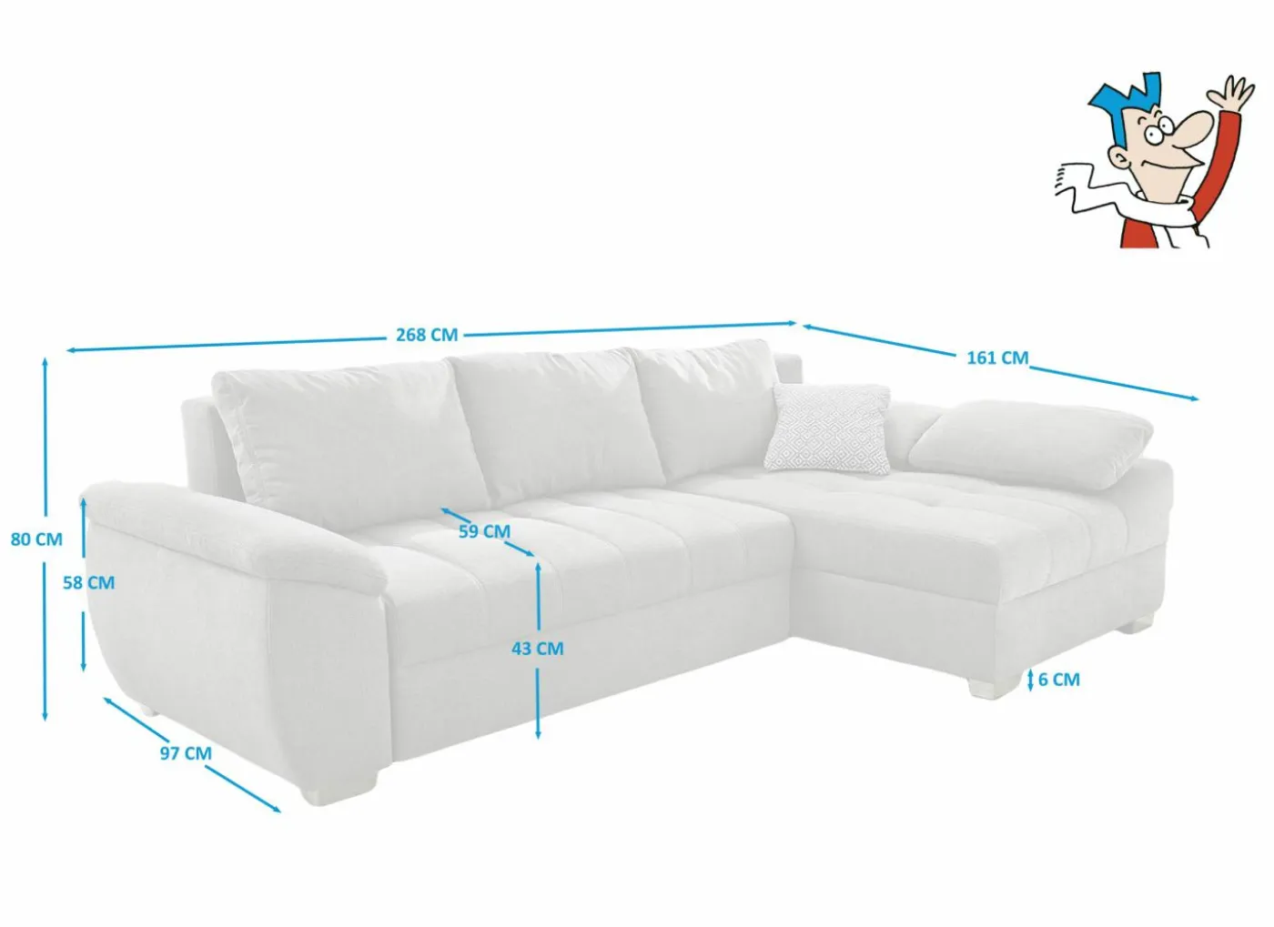 Hoeksalon Alster 268x161cm - stof - lichtblauw met bedfunctie