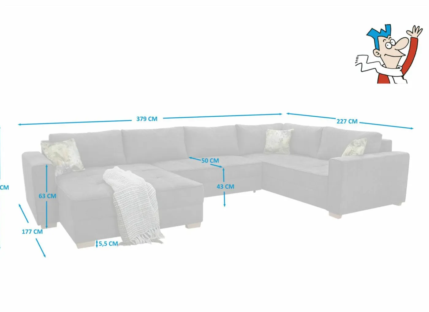 Hoeksalon Brixen 379x227cm - stof - donkergrijs met bedfunctie