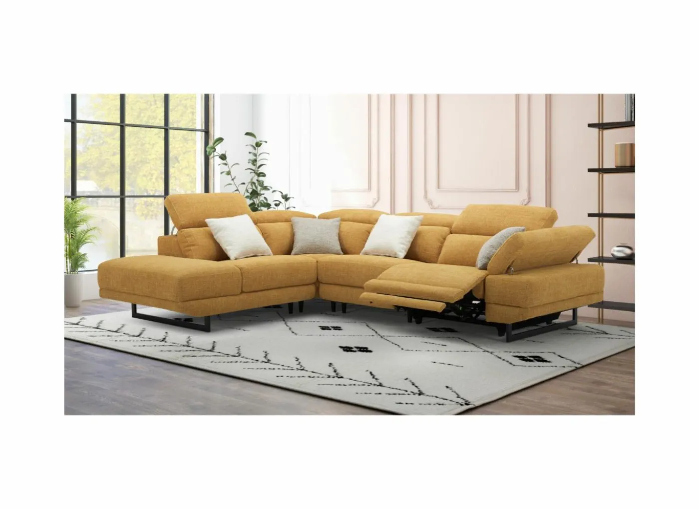 Hoeksalon Exeter 299x240cm - stof - chacha geel met relax