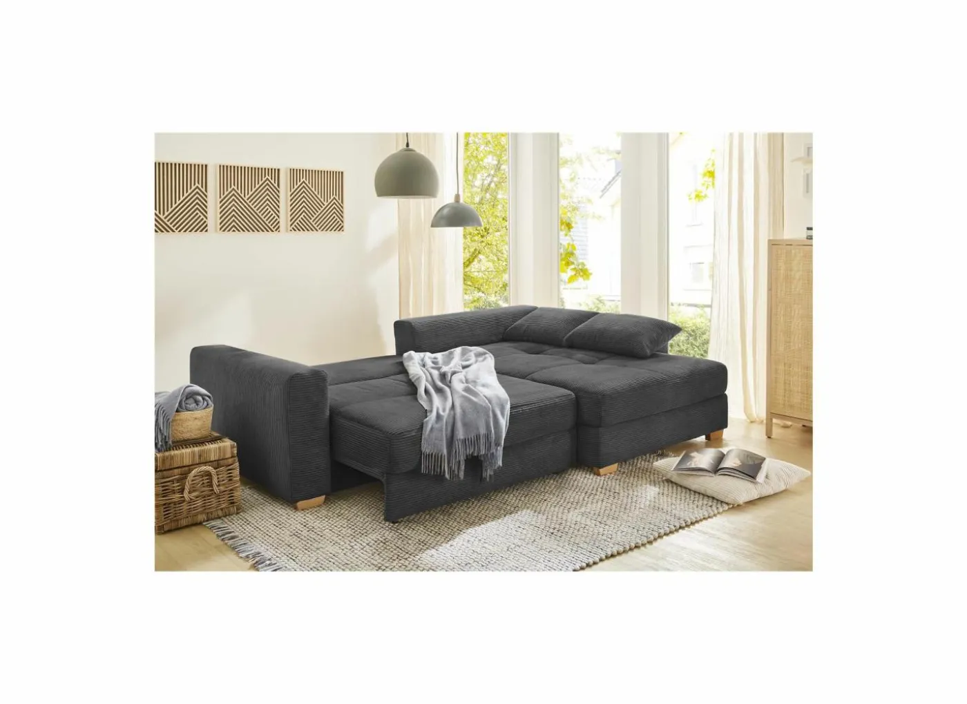 Hoeksalon Kampen 288x186cm - stof - grijs met bedfunctie & opbergruimte