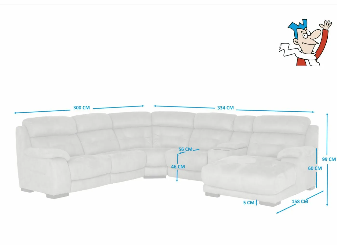 Hoeksalon Krall 344x300cm - stof - grijs - met relax