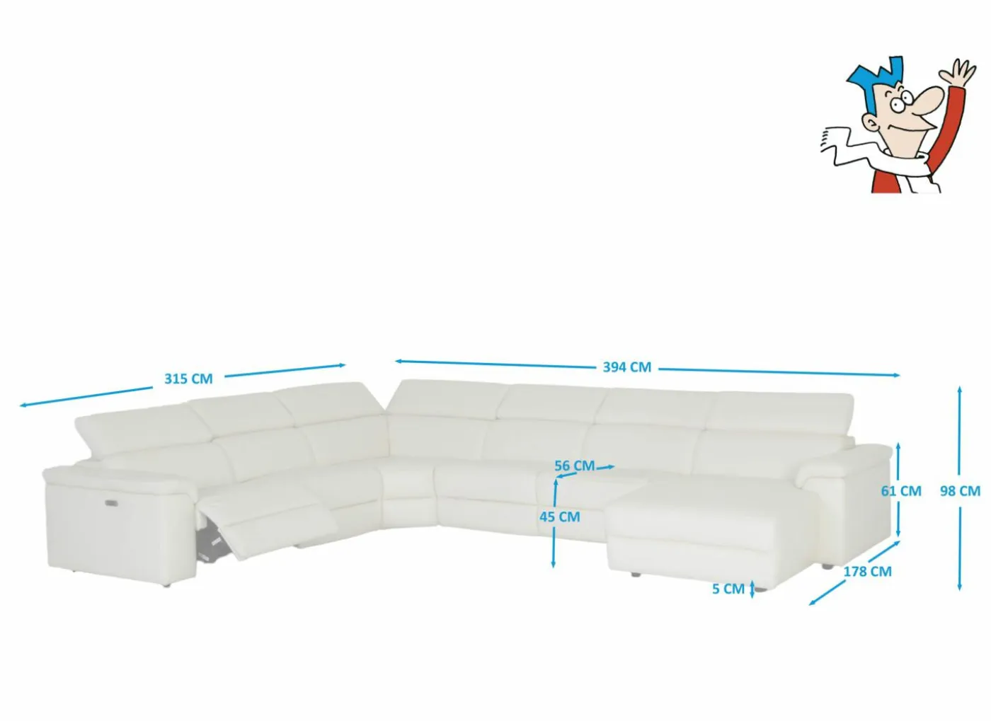 Hoeksalon Play 394x315cm - leder - wit met relax