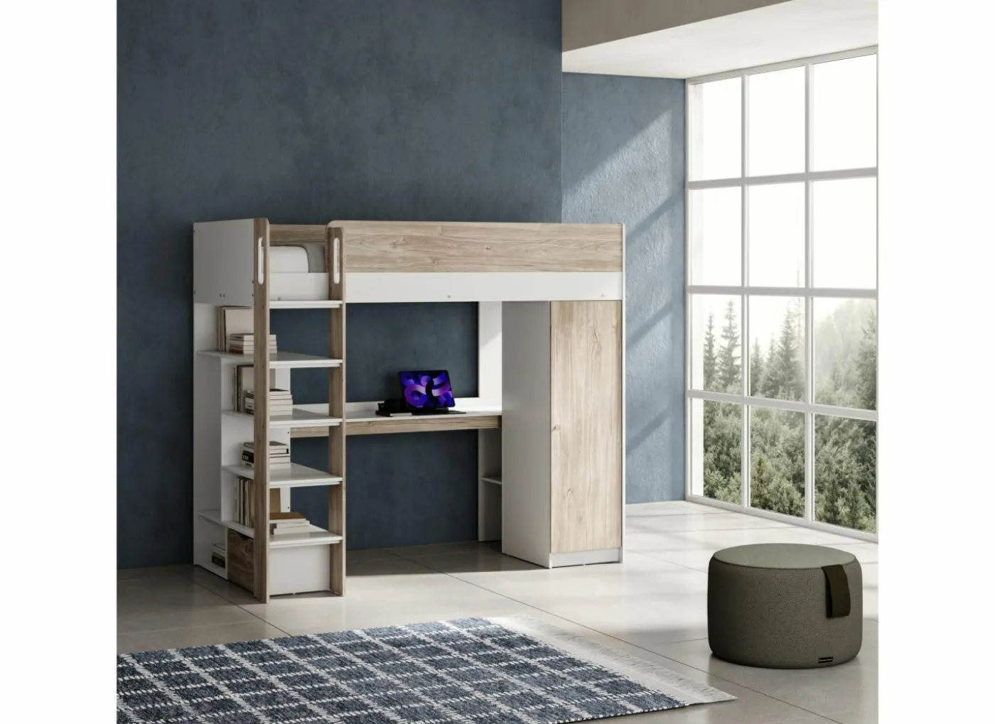 Hoogslaper Evora 90x200cm - decor - ivory oak & wit met bureau en opbergruimte
