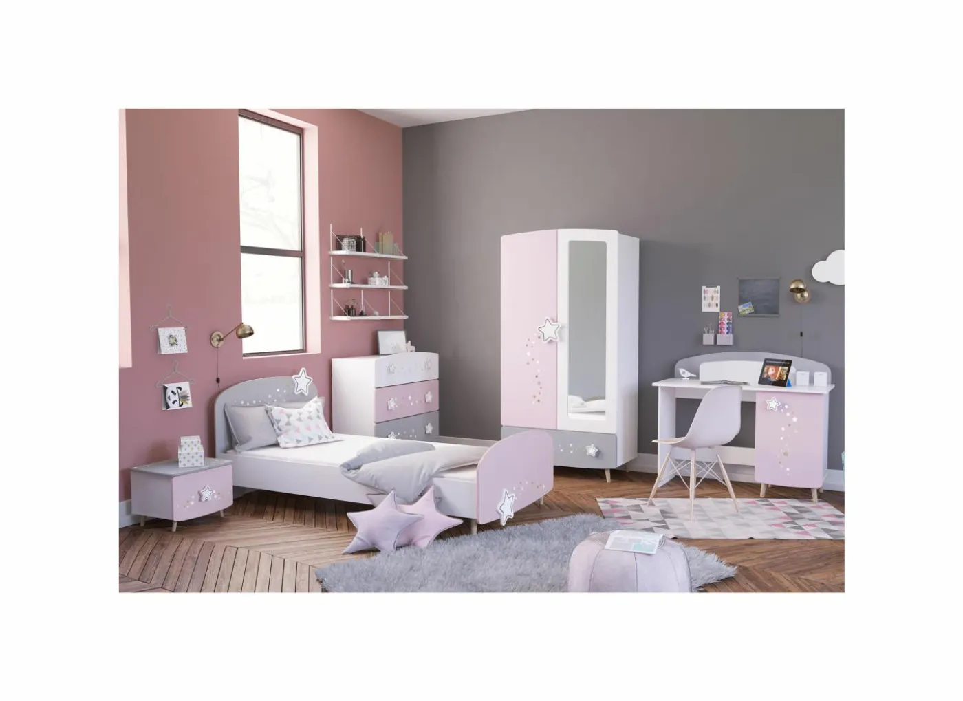 Kinderkamer Etoiles met bed 90x200cm - kleerkast 95cm en 1 nachtkastje