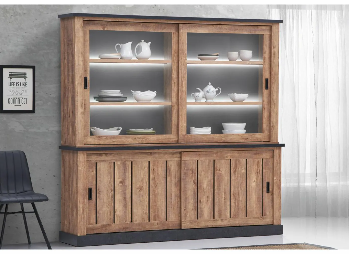 Opzetstuk Etienne 221cm - decor - industriële eik & zwart