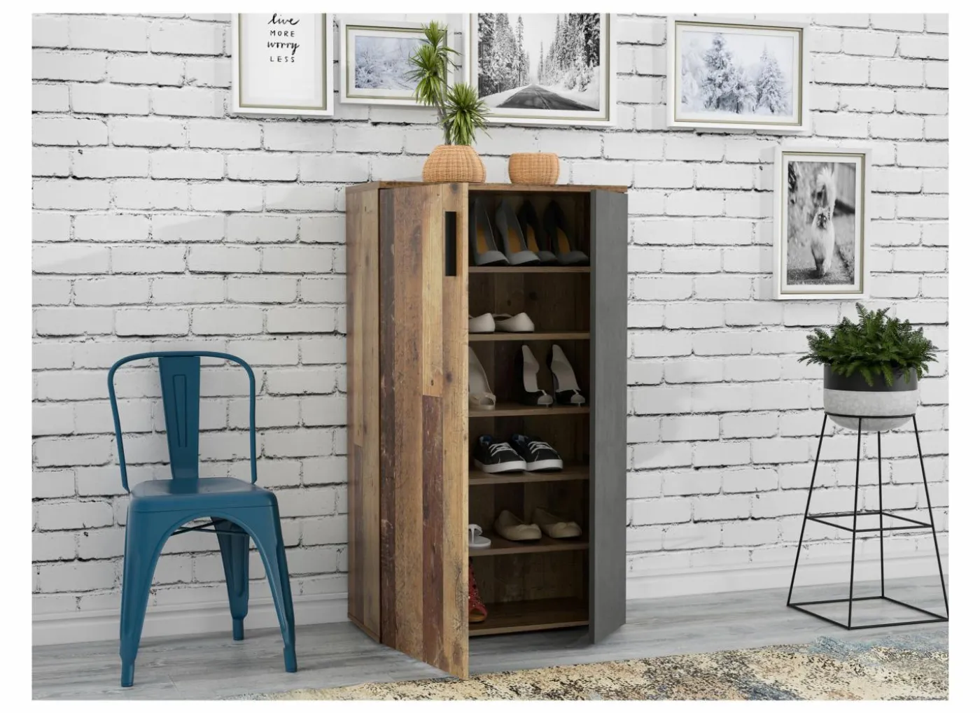 Schoenenkast Boots 69x34x120cm - decor - old wood & donkergrijs