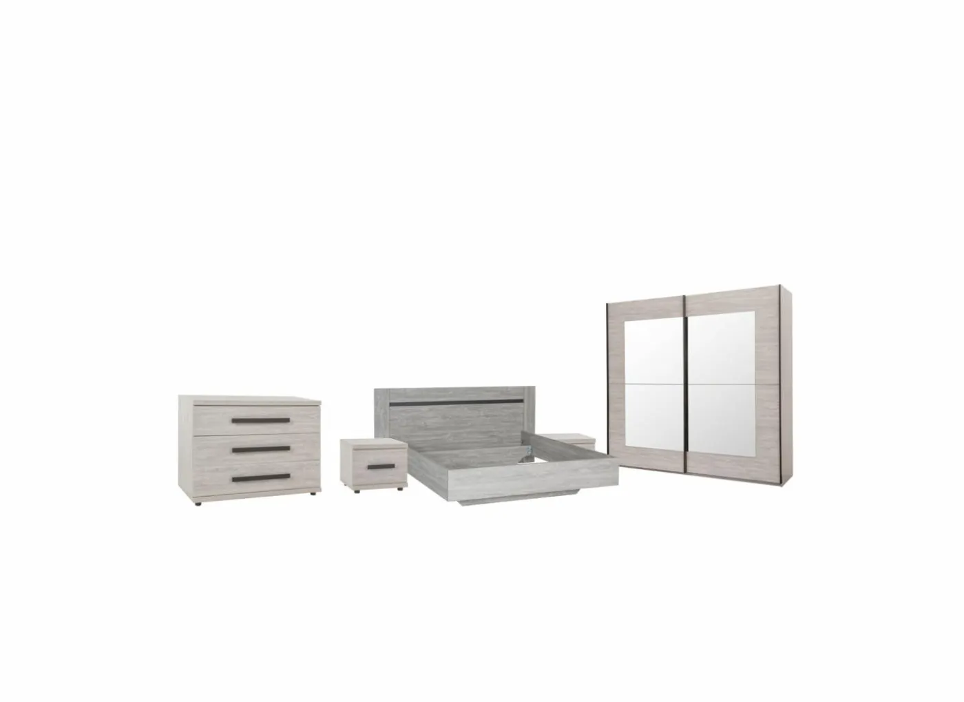 Slaapkamer met bed 140x200cm - kleerkast 200cm - commode 110cm en 2 nachtkastjes