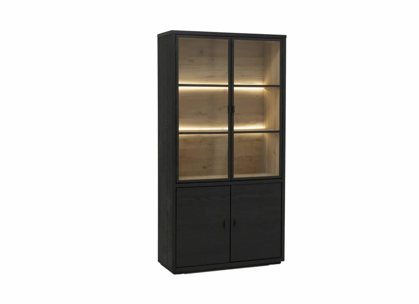 Vitrinekast Mauri 116,5cm - eik massief - zwart met verlichting