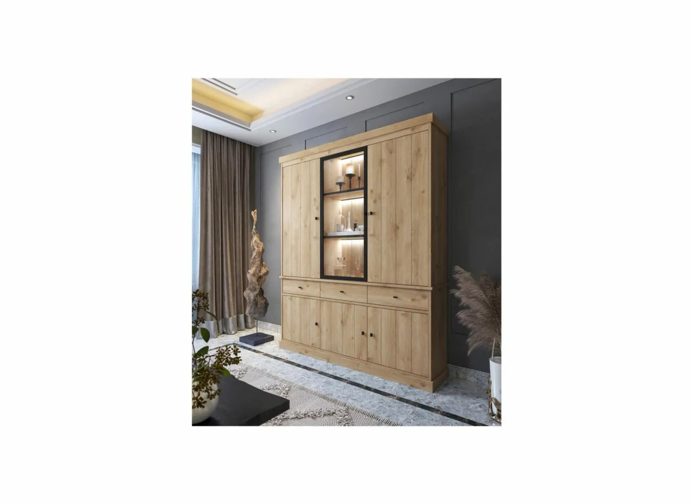 Vitrinekast Valencia 182cm - melamine - lichte eik