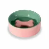 Voerbak Ø12cm - stoneware - roze & groen